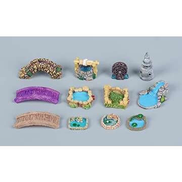 Dong Huang 12pcs Mini Fairy Garden Accessories Kit, Micro Landscape Decoration Pond Bridge Ornaments, Miniature Figurines for Potted Plant Bonsai Terrarium Decor