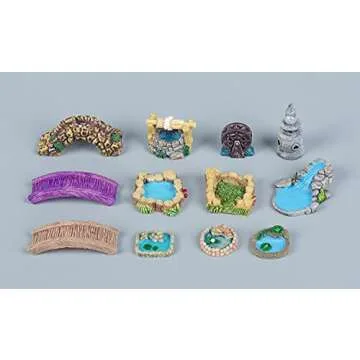 Dong Huang 12pcs Mini Fairy Garden Accessories Kit, Micro Landscape Decoration Pond Bridge Ornaments, Miniature Figurines for Potted Plant Bonsai Terrarium Decor