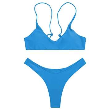SherryDC Women's Solid Scoop Neck Push up Padded Brazilian Thong Bikini Swimsuit,Lake Blue,(US 4-6) M