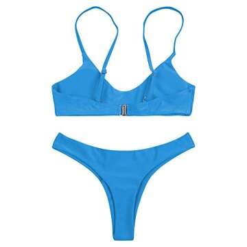 SherryDC Women's Solid Scoop Neck Push up Padded Brazilian Thong Bikini Swimsuit,Lake Blue,(US 4-6) M