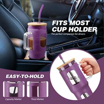 Kodrine Tumbler, 32 oz Glass Tumbler with Lid and Straw, Tumbler with Handle, Iced Coffee Cup Fits in Cup Holder, Boba Smoothie Cup, Water Tumbler Cups for Home Office or Car, Dark Purple