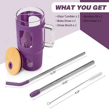 Kodrine Tumbler, 32 oz Glass Tumbler with Lid and Straw, Tumbler with Handle, Iced Coffee Cup Fits in Cup Holder, Boba Smoothie Cup, Water Tumbler Cups for Home Office or Car, Dark Purple