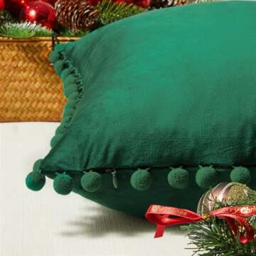 Top Finel Spring Easter Pillow Covers Set of 2 Dark Green Velvet Decorative Throw Pillow Cover 18x18 with Pom Poms Soft Square Pillow Cases for Couch Sofa Bedroom Car