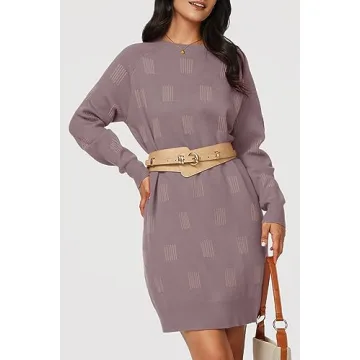 Arach&Cloz Womens Fall Fashion 2024 Sweater Dress Crew Neck Long Sleeve Casual Knitted Oversized Plus Size Pullover Outfits Clothes (Grey Purple, XL)