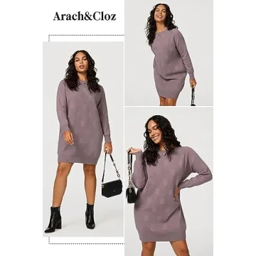 Arach&Cloz Womens Fall Fashion 2024 Sweater Dress Crew Neck Long Sleeve Casual Knitted Oversized Plus Size Pullover Outfits Clothes (Grey Purple, XL)