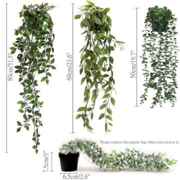KIRIFLY Fake Plants Artificial Indoor Faux Hanging Plants Greenery Eucalyptus Green Décor 3 Pack for Home Bathroom Farmhouse Room Shelf