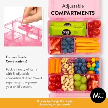Snack Box Containers Set of 2-Reusable,100 Dissolvable Labels, 8 Adjustable Compartments, Dishwasher Safe, BPA-Free, Meal Prep Container, PARENT TESTED PARENT APPROVED AWARD (2 Pack) (Petal)