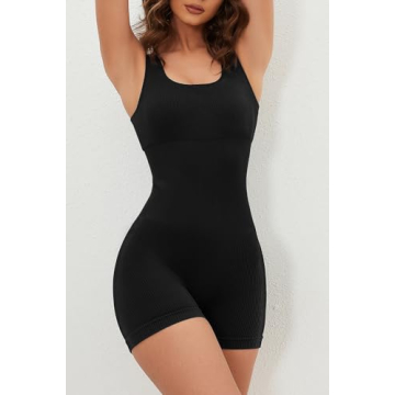 QINSEN Ribbed Seamless Black Unitard for Women