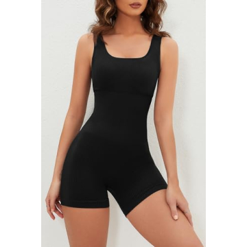 QINSEN Ribbed Seamless Black Unitard for Women