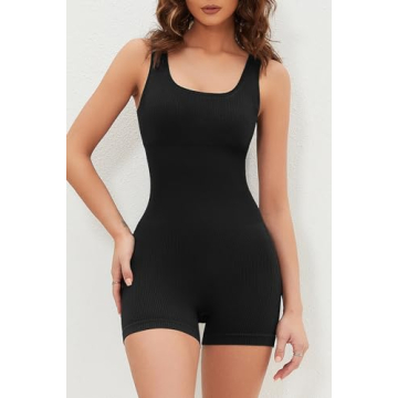 QINSEN Ribbed Seamless Black Unitard for Women