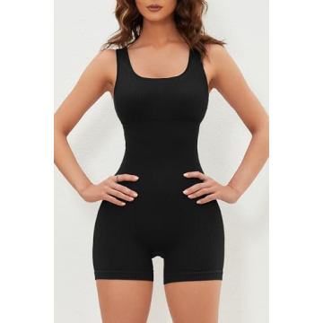 QINSEN Ribbed Seamless Black Unitard for Women