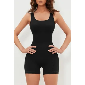 QINSEN Ribbed Seamless Black Unitard for Women