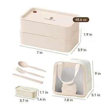 ArderLive Japanese Lunch Box with Chopsticks, Microwave Safe Bento Lunch Box with Bag and Utensils, Leakproof Stackable Portion Control BPA-Free Lunch Containers for Adults,beige