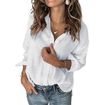 Karlywindow Womens Long Sleeve Button Down Cotton Linen Shirt Blouse Loose Fit Casual V-Neck Tops (W...