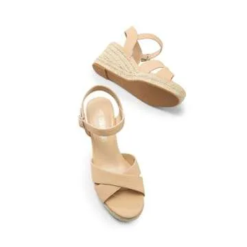 DREAM PAIRS Espadrille Dressy Wedge Sandals, Women's Platform Sandals Casual Summer, Comfortable High Heeled Wedges with Adjustable Buckle,Size 9,Nude-Nubuck,SDPW2408W