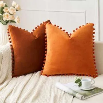 Woaboy Fall Decorative Pillow Covers 20x20 Orange Throw Pillows Pack of 2 Cozy Soft Pom-poms Velvet Couch Pillow Covers Home Decor for Farmhouse Cushion Sofa Bedroom