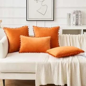 Woaboy Fall Decorative Pillow Covers 20x20 Orange Throw Pillows Pack of 2 Cozy Soft Pom-poms Velvet Couch Pillow Covers Home Decor for Farmhouse Cushion Sofa Bedroom