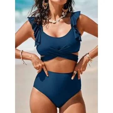 Aleumdr Ruffled Bikini Sets for Women Two Piece High Waisted Swimsuits Crisscross Bathing Suits Womens Swim Suit 2024 Swimwear Blue Medium