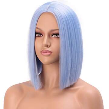 ENTRANCED STYLES Light Blue Wig Synthetic Straight Hair Bob Cut Wig Middle Part Shoulder Length Fashion Bob Wigs for Women Cosplay Wig