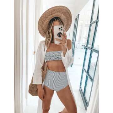 Saodimallsu Women High Waisted 2 Piece Bikini Set Bandeau Ruffle Swimsuit Top Striped Bathing Suits Black