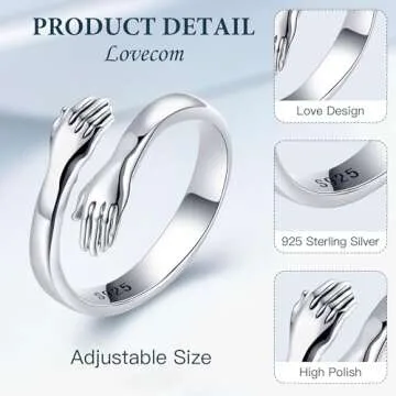 LOVECOM Mothers Day Gifts 925 Sterling Silver Hug Rings for Women Adjustable Hugging Hands Open Prom...