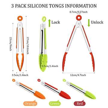 9 Inch Kitchen Tongs with Silicone Tips Non-stick Set of 3 Stainless Steel Heat Resistant Food Servi...