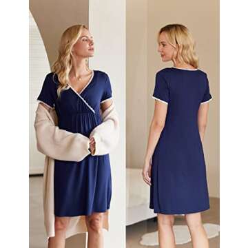 Ekouaer Nursing Nightown Delivery and Labor Gown for Hospital Short Sleeve Maternity Breastfeeding Dress Navy Blue Small