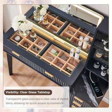 T4TREAM 48" Fluted Makeup Vanity Desk with Large 36" Mirror and Lights, Modern Glass Top Big Vanity Table with 5 Drawers & Adjustable Shelf, Dressing Table w/Charging Station for Bedroom, Dark Grey