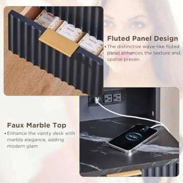 T4TREAM 48" Fluted Makeup Vanity Desk with Large 36" Mirror and Lights, Modern Glass Top Big Vanity Table with 5 Drawers & Adjustable Shelf, Dressing Table w/Charging Station for Bedroom, Dark Grey