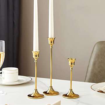 Vidisan Gold Candlestick Holders Taper Centerpiece, Set of 3 Gold Taper Candle Holders Set, for Vintage Modern Decorative Centerpiece for Table Mantel Wedding Housewarming Gift