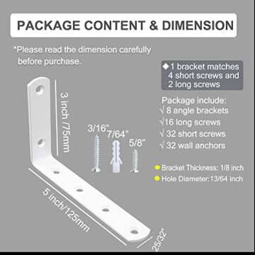 PortPlugs Shelf Brackets 8pcs Corner Brace White Steel L Brackets for Shelves 5 Inch x 3 Inch Decorative Corner Brackets for Wall Joint Angle Brackets for Shelf with Screws (white-3x5 inch-8pcs)