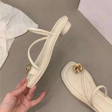 HDFDB Women's Leather Strappy Flat Metal Toe Ring Sandals Fashionable Square Open Toe Low Block Heel Slip-On Clip Toe Slide Sandals Casual Summer Beach Slipper (Silver,5)