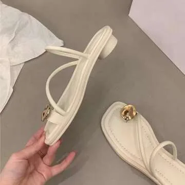 HDFDB Women's Leather Strappy Flat Metal Toe Ring Sandals Fashionable Square Open Toe Low Block Heel Slip-On Clip Toe Slide Sandals Casual Summer Beach Slipper (Silver,5)