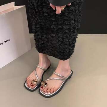 HDFDB Women's Leather Strappy Flat Metal Toe Ring Sandals Fashionable Square Open Toe Low Block Heel Slip-On Clip Toe Slide Sandals Casual Summer Beach Slipper (Silver,5)