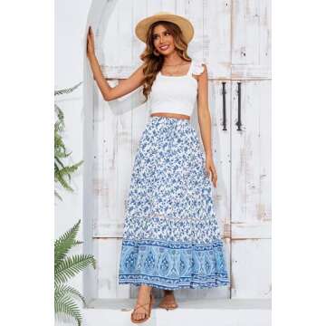 R.Vivimos Womens Summer Cotton Vintage Floral Print Boho Casual Ruffled Flowy Maxi Skirt (Medium, WhiteBlue)