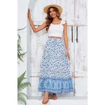 R.Vivimos Womens Summer Cotton Vintage Floral Print Boho Casual Ruffled Flowy Maxi Skirt (Medium, WhiteBlue)