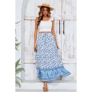 R.Vivimos Womens Summer Cotton Vintage Floral Print Boho Casual Ruffled Flowy Maxi Skirt (Medium, WhiteBlue)