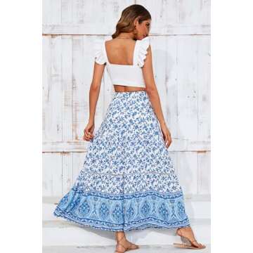 R.Vivimos Womens Summer Cotton Vintage Floral Print Boho Casual Ruffled Flowy Maxi Skirt (Medium, WhiteBlue)