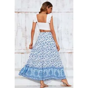 R.Vivimos Womens Summer Cotton Vintage Floral Print Boho Casual Ruffled Flowy Maxi Skirt (Medium, WhiteBlue)