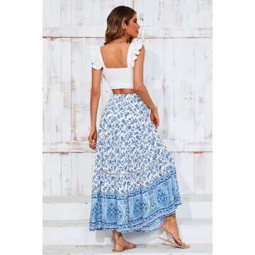 R.Vivimos Womens Summer Cotton Vintage Floral Print Boho Casual Ruffled Flowy Maxi Skirt (Medium, WhiteBlue)