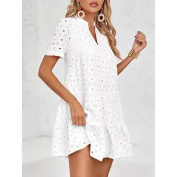 Imily Bela Womens Summer Lace Dresses Eyelet Casual Flowy Babydoll Swing Short Sleeve V Neck Tunic Dress