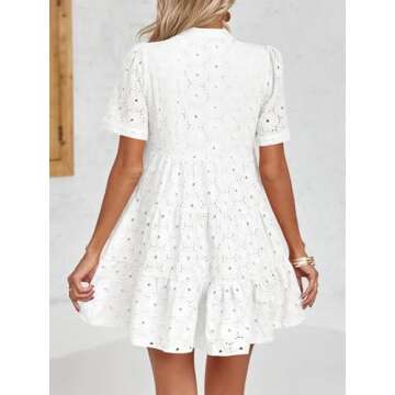 Imily Bela Womens Summer Lace Dresses Eyelet Casual Flowy Babydoll Swing Short Sleeve V Neck Tunic Dress