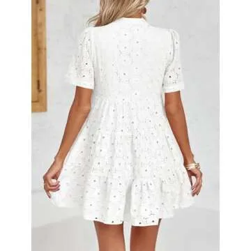 Imily Bela Womens Summer Lace Dresses Eyelet Casual Flowy Babydoll Swing Short Sleeve V Neck Tunic Dress