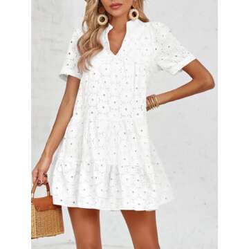 Imily Bela Womens Summer Lace Dresses Eyelet Casual Flowy Babydoll Swing Short Sleeve V Neck Tunic Dress
