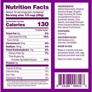 gr8nola BLACK COCO (CHARCOAL) CHIA - Healthy, Low Sugar, Vegan Granola Cereal - Made with Superfoods...