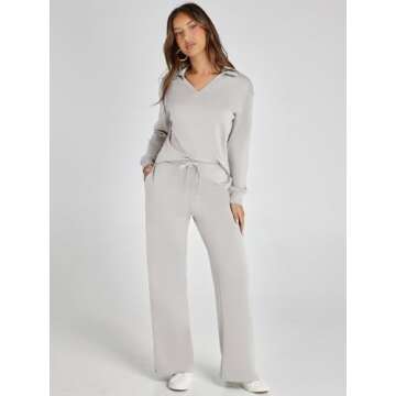 Glamaker Lounge Sets For Women 2 Piece Outfits Long Sleeve Polo V Neck Oversized Matching Sweat Sets (Light Grey M)