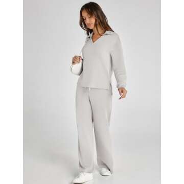 Glamaker Lounge Sets For Women 2 Piece Outfits Long Sleeve Polo V Neck Oversized Matching Sweat Sets (Light Grey M)