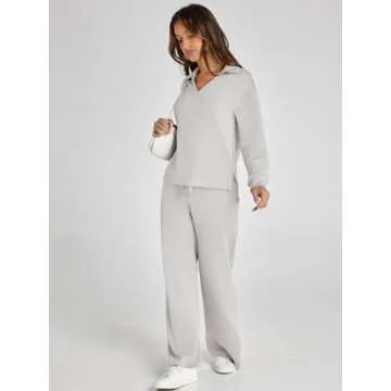 Glamaker Lounge Sets For Women 2 Piece Outfits Long Sleeve Polo V Neck Oversized Matching Sweat Sets (Light Grey M)