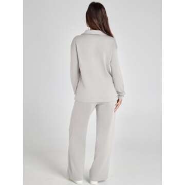 Glamaker Lounge Sets For Women 2 Piece Outfits Long Sleeve Polo V Neck Oversized Matching Sweat Sets (Light Grey M)