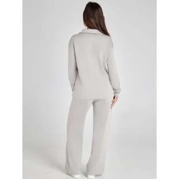 Glamaker Lounge Sets For Women 2 Piece Outfits Long Sleeve Polo V Neck Oversized Matching Sweat Sets (Light Grey M)